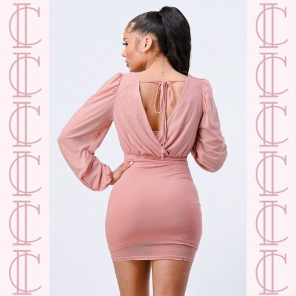 Lux Mesh Layered Lining V Neck Bubble Slv Bodycon Dress (Mauve) - Picture 6 of 6